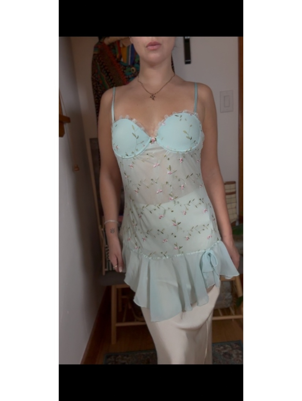 Vintage Light Blue Floral Sheer Slip Dress with Ruffle Hem and Bow Detail size L